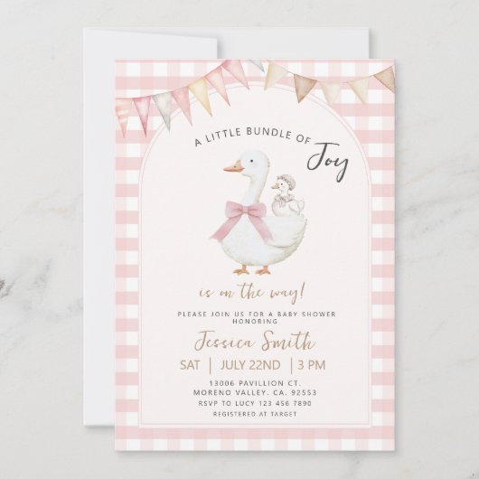 Pink Gingham Bundle of joy Goose Baby Shower Einladung (Vorderseite)