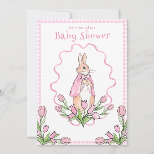 Pink Gingham Bunny Baby Dusche Einladung (Vorderseite)