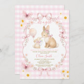 Pink Gingham Bunny Baby Shower Butterfly Daisy Einladung (Vorne/Hinten)