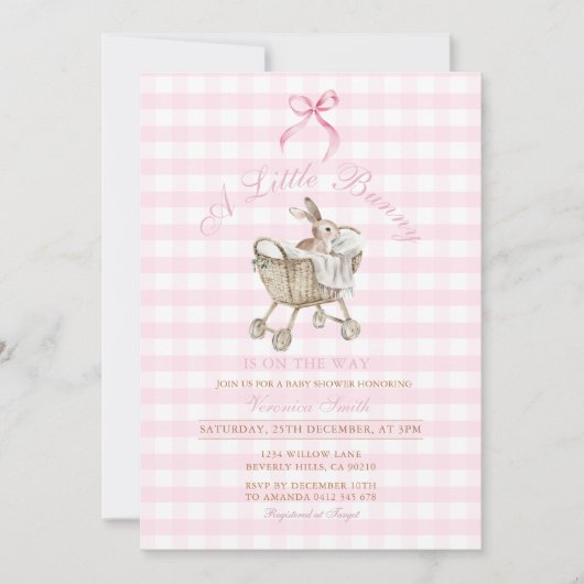 Pink Gingham Bunny Baby Shower Grandmillennial  Einladung (Vorderseite)