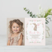 Pink Gingham Bunny Bow Girl Birthday Photo Dankeskarte (Stehend Vorderseite)