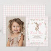 Pink Gingham Bunny Bow Girl Birthday Photo Dankeskarte (Vorne/Hinten)