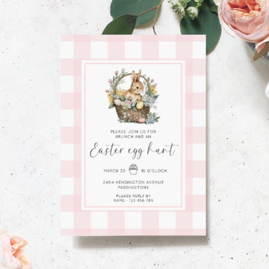 Pink Gingham Bunny Easter Egg Hunt Einladung