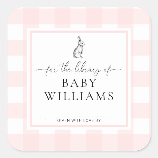 Pink Gingham Bunny für die Bibliothek von Buchzeic Quadratischer Aufkleber (Vorderseite)