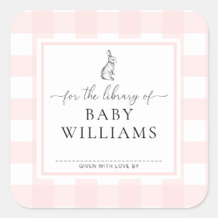 Pink Gingham Bunny für die Bibliothek von Buchzeic Quadratischer Aufkleber