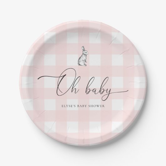 Pink Gingham Bunny Rabbit Baby Dusche Pappteller (Vorderseite)