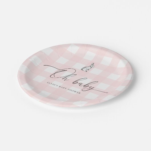 Pink Gingham Bunny Rabbit Baby Dusche Pappteller (Schrägansicht)