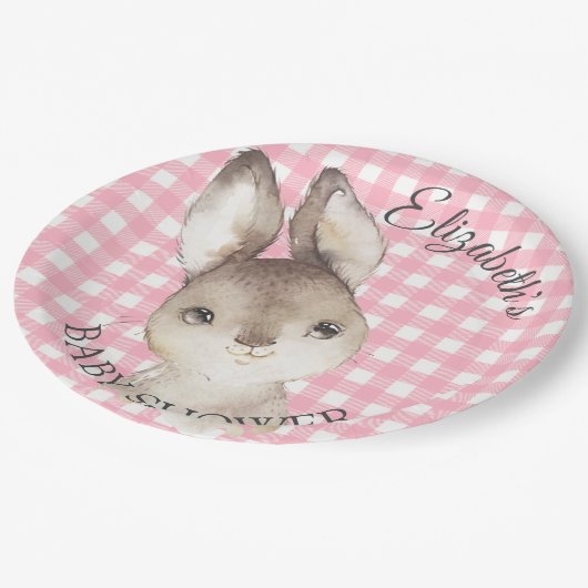Pink Gingham Bunny Rabbit Babydusche Papierplatte Pappteller (Schrägansicht)
