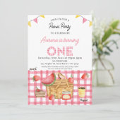 Pink Gingham Bunting Flags Picnic 1. Geburtstag Einladung (Stehend Vorderseite)