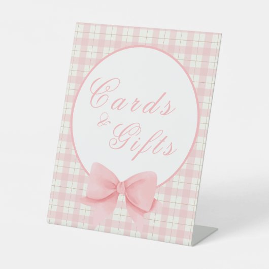 Pink Gingham Card & Geschenk Babydusche Zeichen Sockelschild (Vorderseite)