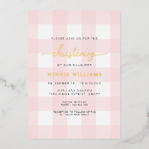 Pink Gingham Christening Foil Einladung