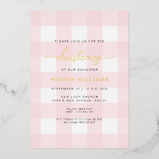 Pink Gingham Christening Foil Einladung (Vorderseite)