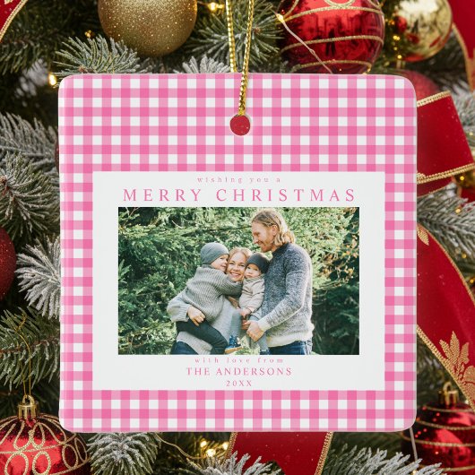 Pink Gingham Christmas 2 Photo Keramikornament