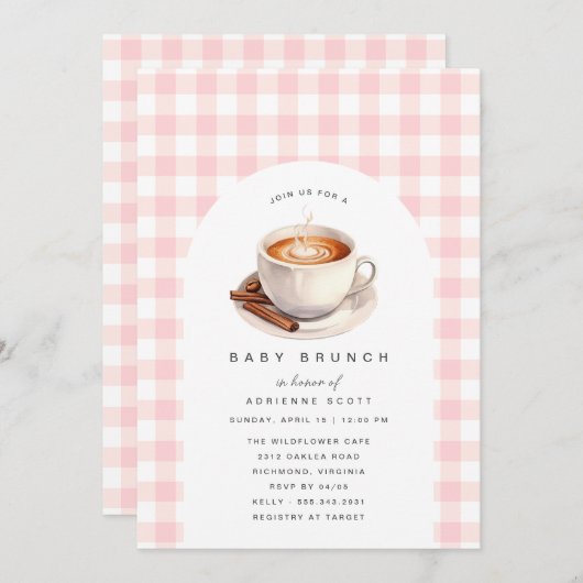 Pink Gingham Coffee Niedlich Baby Dusche Brunch Einladung (Vorne/Hinten)