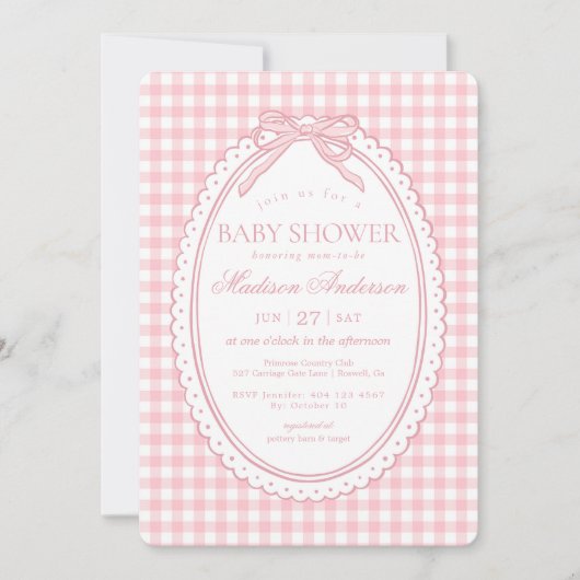 Pink Gingham Coquette Bow Baby Shower Einladung (Vorderseite)