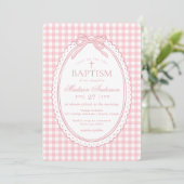 Pink Gingham Coquette Bow Baptism Einladung (Stehend Vorderseite)
