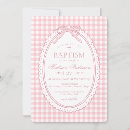 Pink Gingham Coquette Bow Baptism Einladung (Vorderseite)