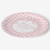 Pink Gingham Coquette Bow Birthday Party Pappteller (Schrägansicht)