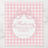 Pink Gingham Coquette Bow Birthday Party Weinetikett (Einzelnes Label)
