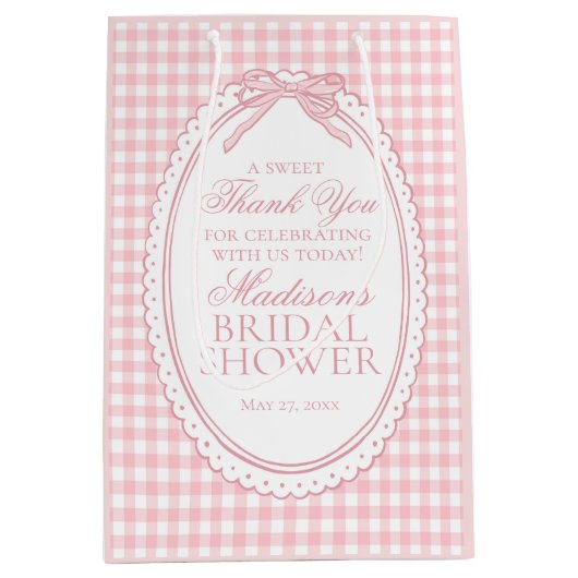 Pink Gingham Coquette Bow Bridal Shower Favors Mittlere Geschenktüte (Vorderseite)