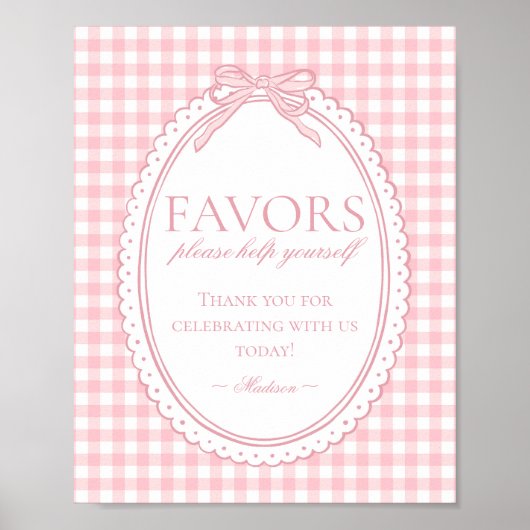 Pink Gingham Coquette Bow Favors Sign Poster (Vorne)