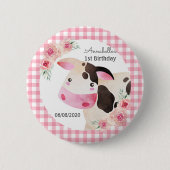Pink Gingham Cow Birthday Gevor Button (Vorderseite)