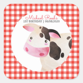 Pink Gingham Cow Farm Animal Birthday Barnyard Quadratischer Aufkleber