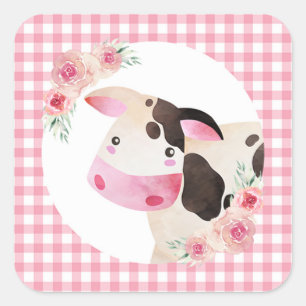 Pink Gingham Cow Floral Quadratischer Aufkleber