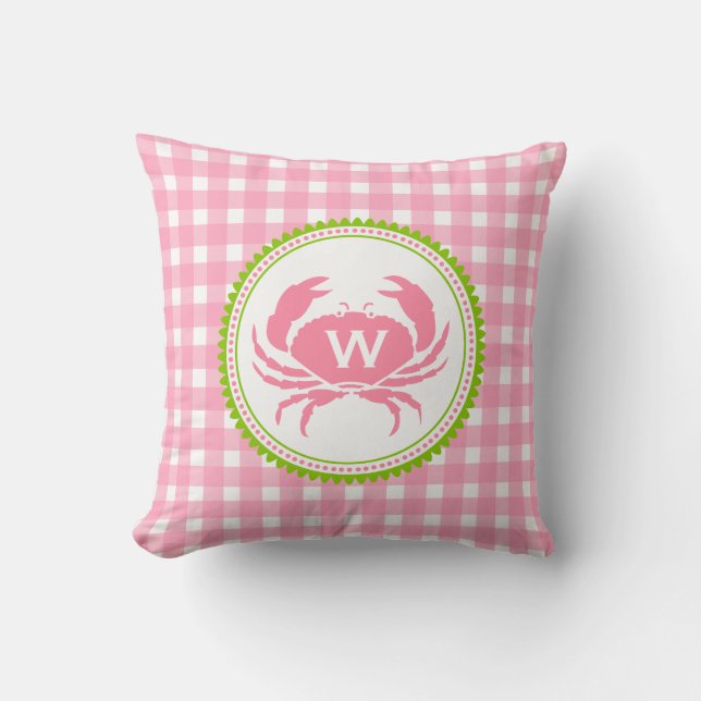 Pink Gingham & Crab Monogram Kissen (Vorderseite)