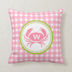 Pink Gingham & Crab Monogram Kissen