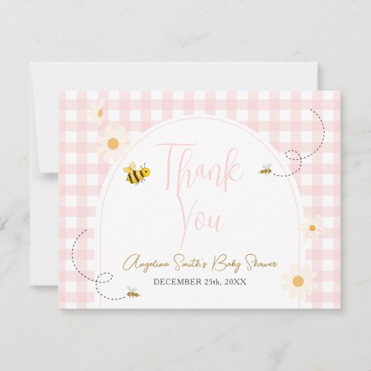 Pink Gingham Daisies Bee Baby Shower Thank You Dankeskarte (Vorderseite)