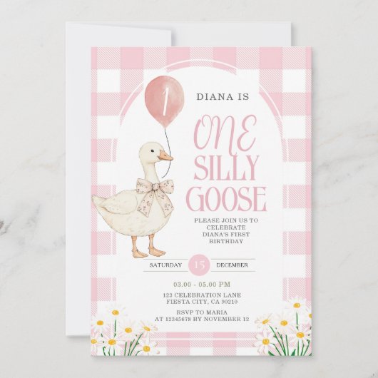 PINK Gingham Daisy One Albern Goose Birthday Einladung (Vorderseite)