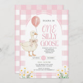 PINK Gingham Daisy One Albern Goose Birthday Einladung (Vorne/Hinten)