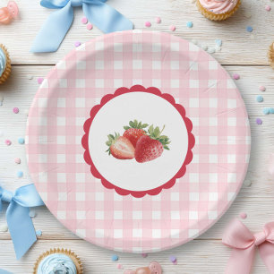 Pink Gingham-Erdbeerthema Pappteller