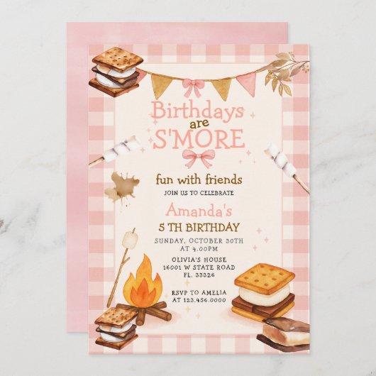 Pink Gingham Fall Camping Bonfire Smores Einladung (Vorne/Hinten)