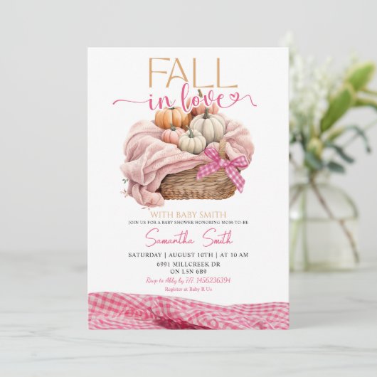 Pink Gingham Fall in Liebe Fall Thema Kinderdusche Einladung (Stehend Vorderseite)