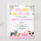 Pink Gingham Farm Animals Girls Birthday Barnyard Einladung (Vorderseite)