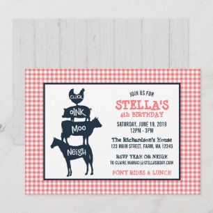 Pink Gingham Farm Theme Animal Girl Birthday Einladung