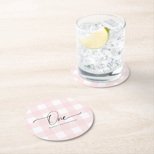 Pink Gingham First Birthday Drink Untersetzer (Vor Ort)