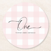 Pink Gingham First Birthday Drink Untersetzer (Vorderseite)