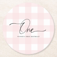 Pink Gingham First Birthday Drink Untersetzer