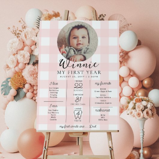 Pink Gingham First Birthday Milestone Timeline Poster