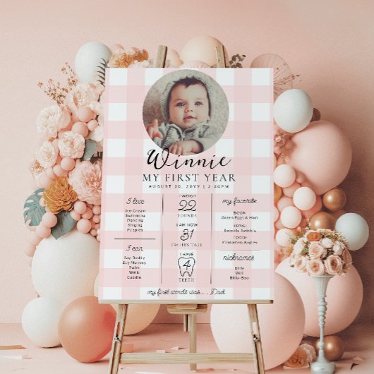 Pink Gingham First Birthday Milestone Timeline Poster