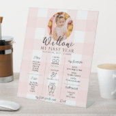 Pink Gingham First Birthday Milestone Timeline Sockelschild (In Situ)