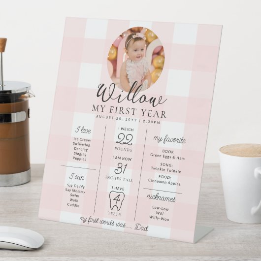 Pink Gingham First Birthday Milestone Timeline Sockelschild (In Situ)