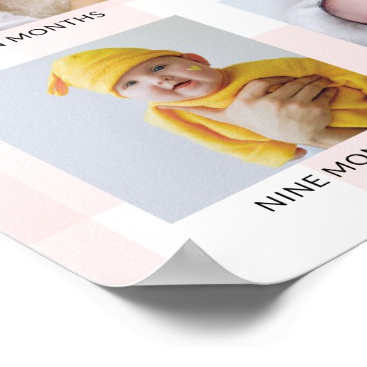 Pink Gingham First Birthday Photo Timeline Poster (Ecke)