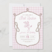 Pink Gingham First Rodeo 1. Geburtstag Cowboy  Einladung (Vorderseite)
