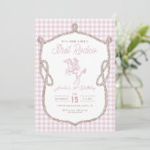 Pink Gingham First Rodeo 1. Geburtstag Cowboy  Einladung (Stehend Vorderseite)