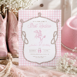 Pink Gingham First Rodeo 1. Geburtstag Cowboy  Einladung