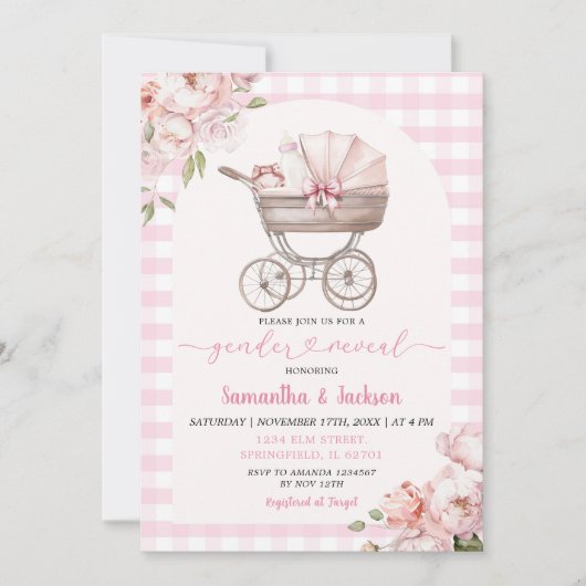 Pink Gingham Floral Baby Carriage Gender Reveal Einladung (Vorderseite)